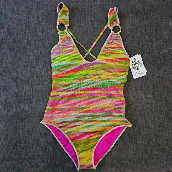 Becca Women's Multicolor Striped V Neckline One Piece Swimsuit Size Medium